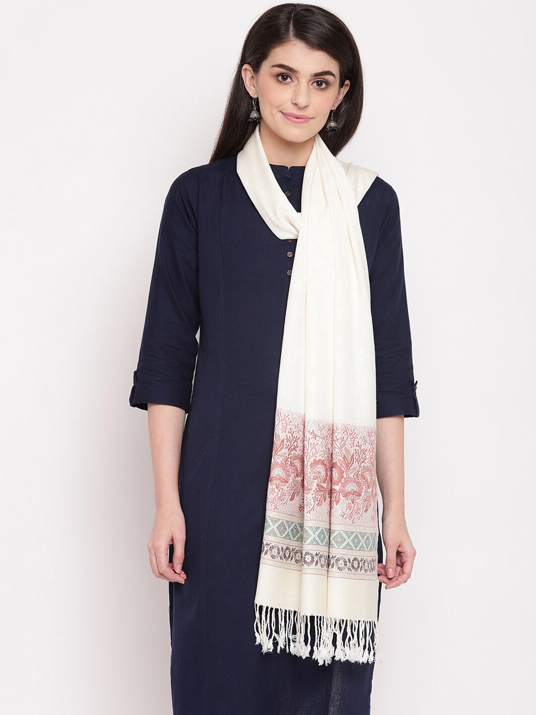 

HK colours of fashion Women White Woven Design Stole with Tasselled Border