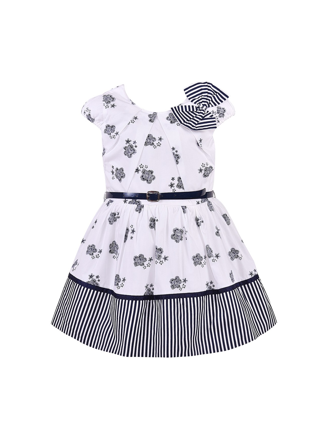 

Wish Karo Girls White & Navy Blue Floral Printed Fit and Flare Dress