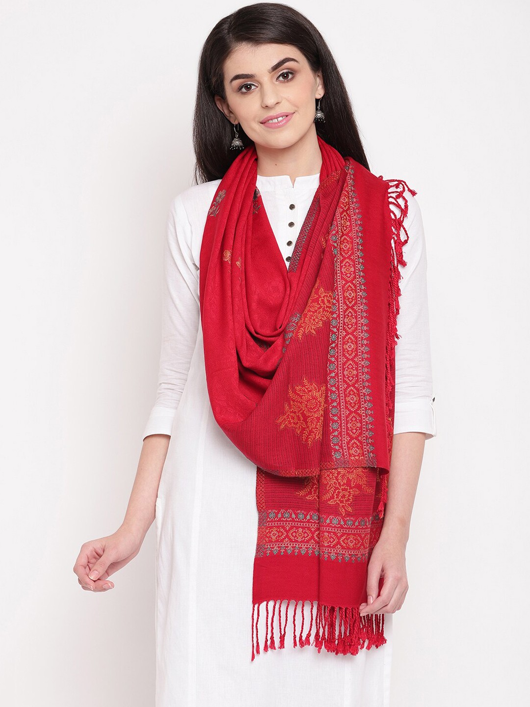 

HK colours of fashion Women Red Woven Design Acrylic Stole with Tasselled Border