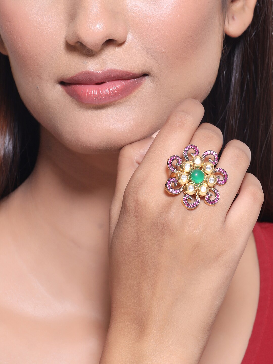 Tistabene Gold-Plated Magenta Pink & Green Kundan & Stone-Studded Handcrafted Finger Ring