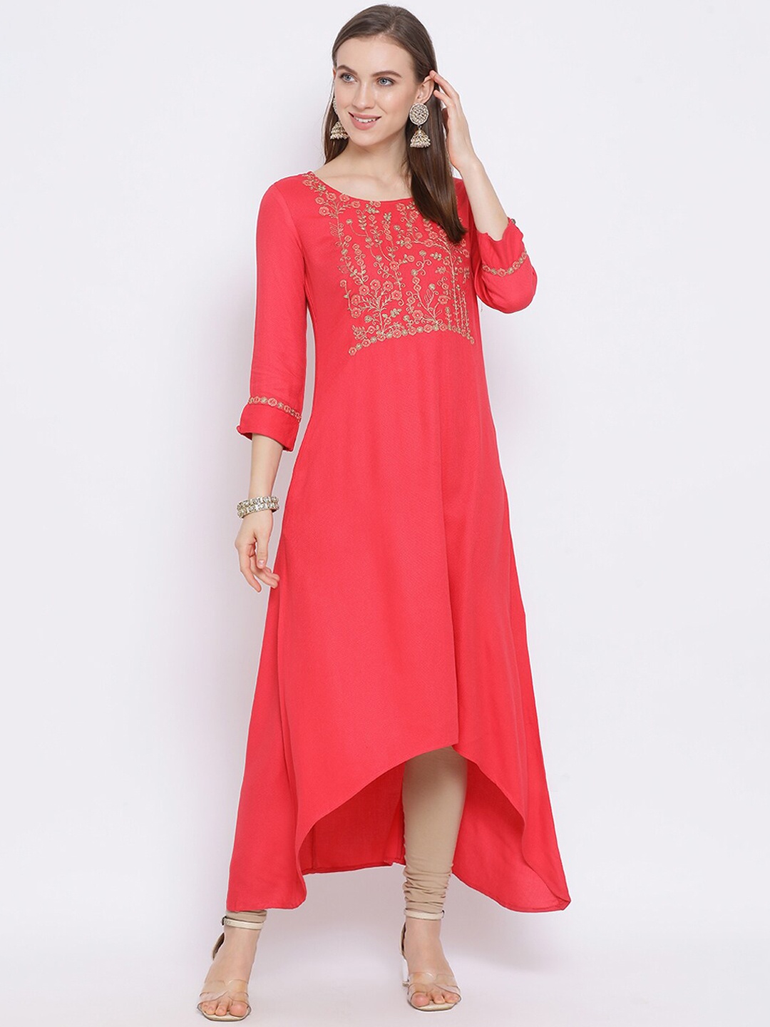 

Span Women Pink Embroidered Yoke Design A-Line Kurta