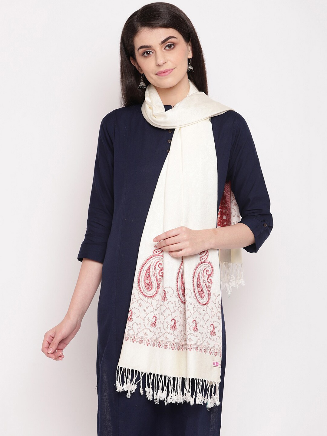 

HK colours of fashion Women White & Red Printed Stole with Tasselled Border