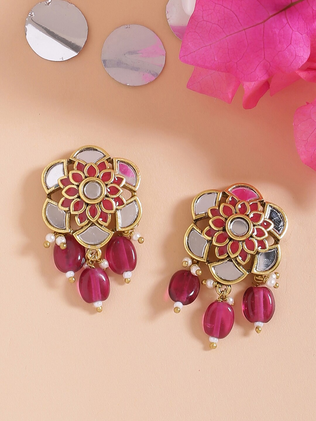 

Voylla Pink & Red Gold-Plated Oxidised Geometric Studs