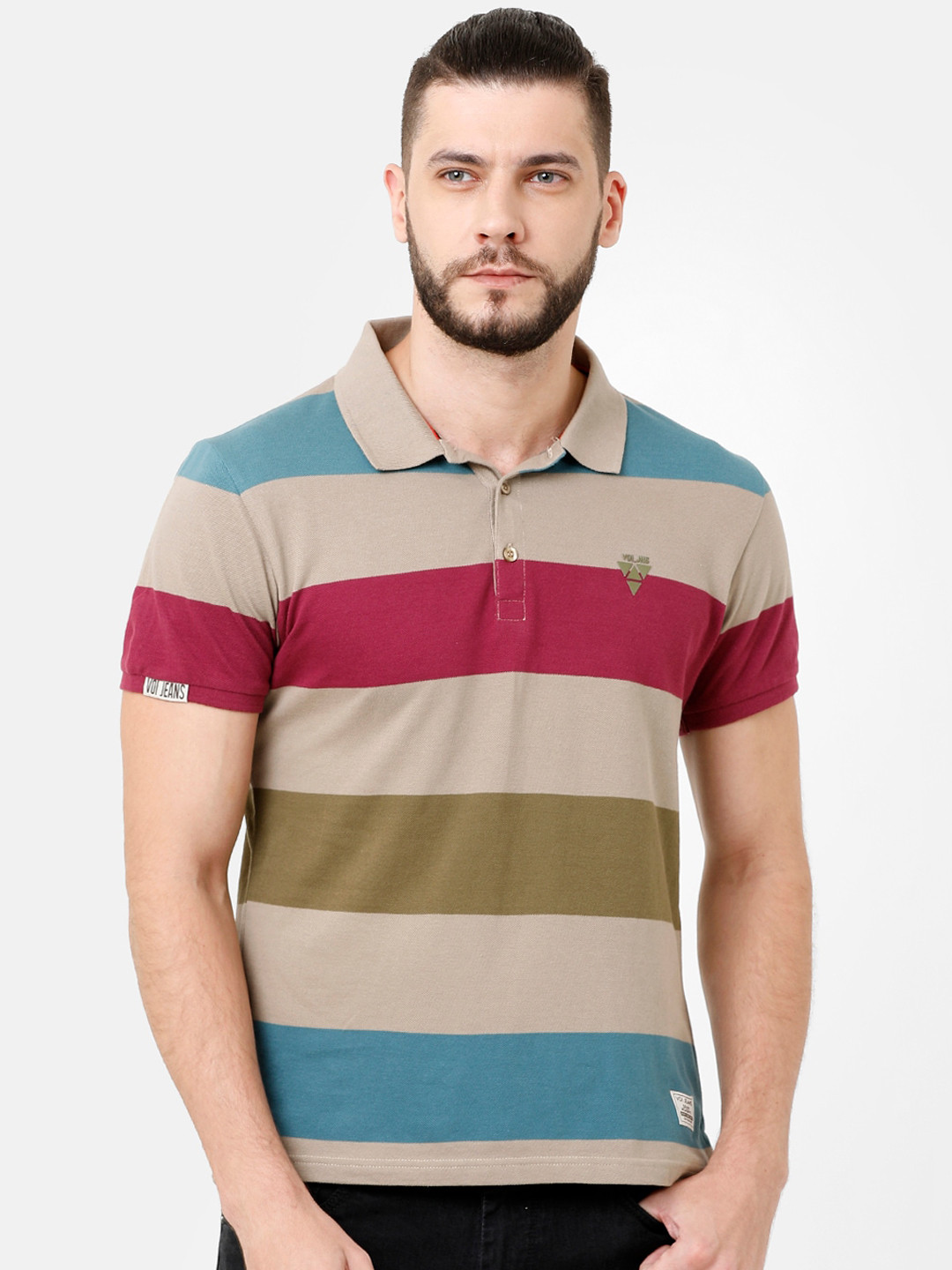 

Voi Jeans Men Beige Striped Polo Collar T-shirt