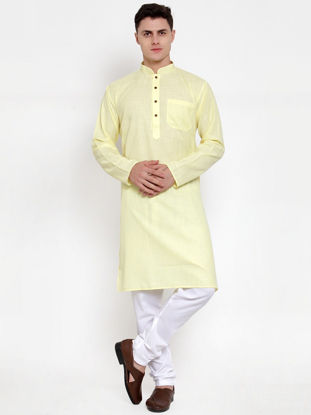 

MAXENCE Men Yellow & White Solid Kurta with Pyjamas