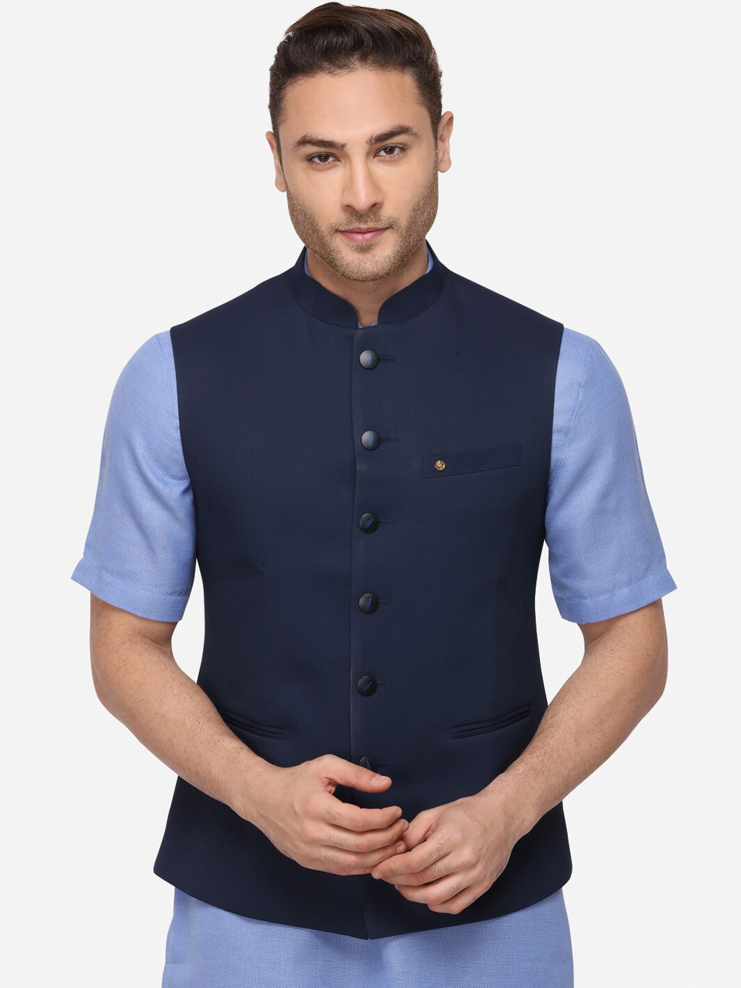 

Greenfibre Men Navy Blue Solid Nehru Jacket