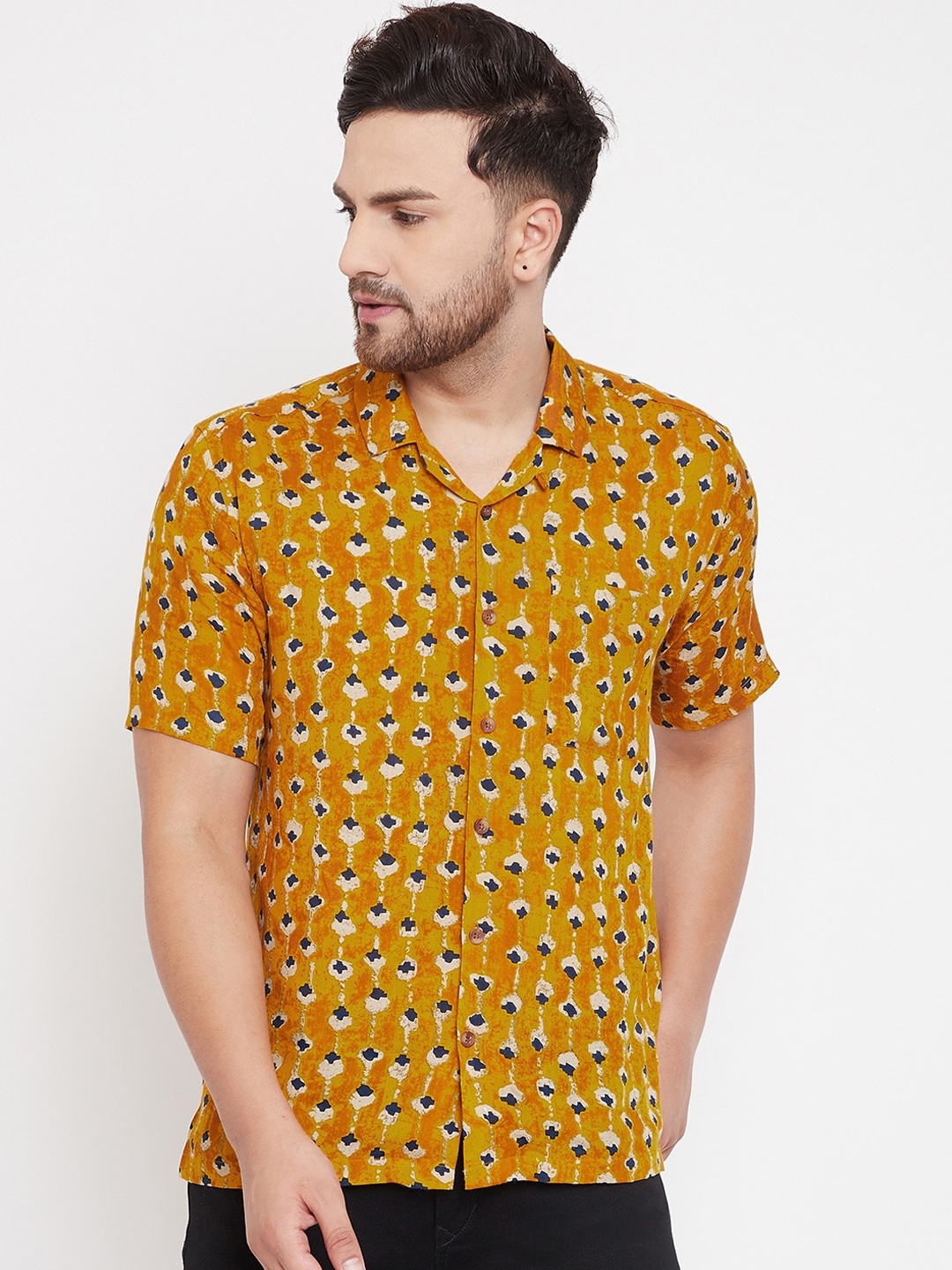 even Men Mustard Yellow Slim Fit Printed Casual Shirt