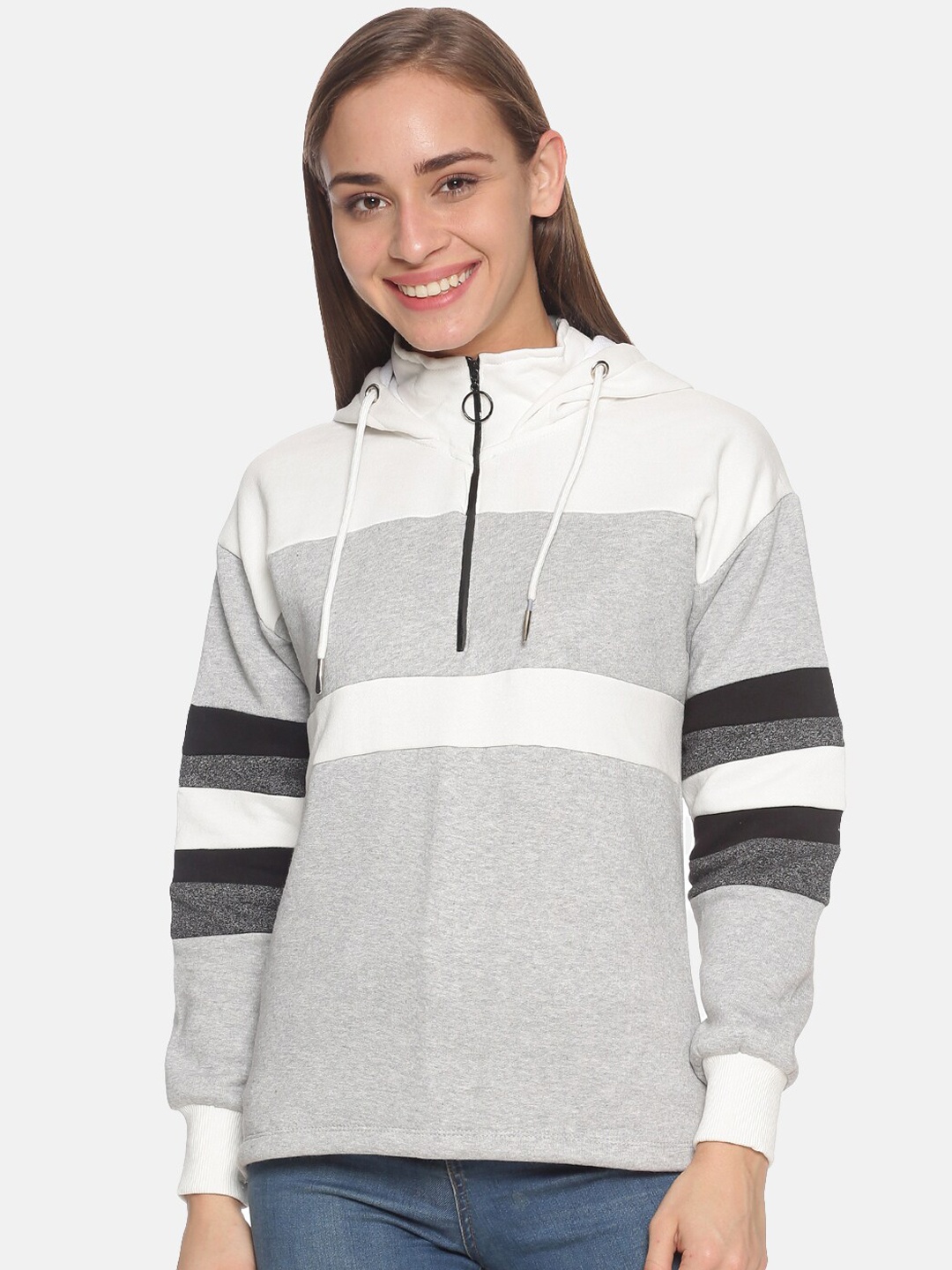 

Campus Sutra Women Grey & White Colourblocked Hooded Sweatshirt
