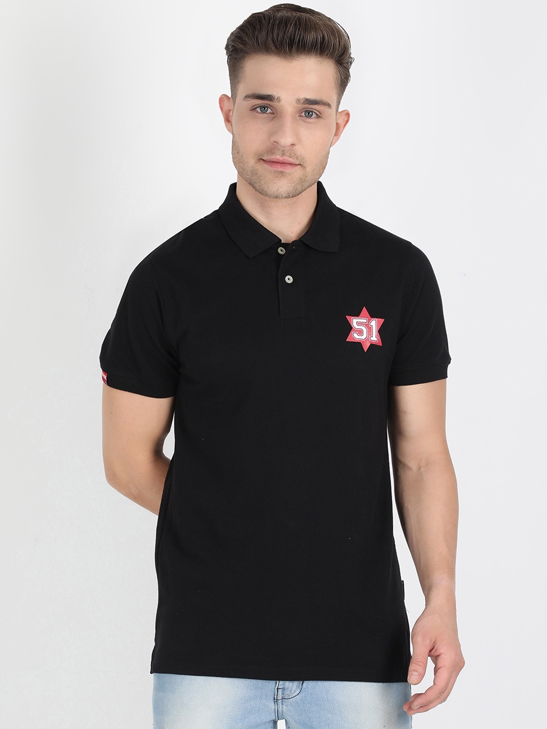 

Fruit of the loom Men Black Solid Polo Collar Pure Cotton T-shirt