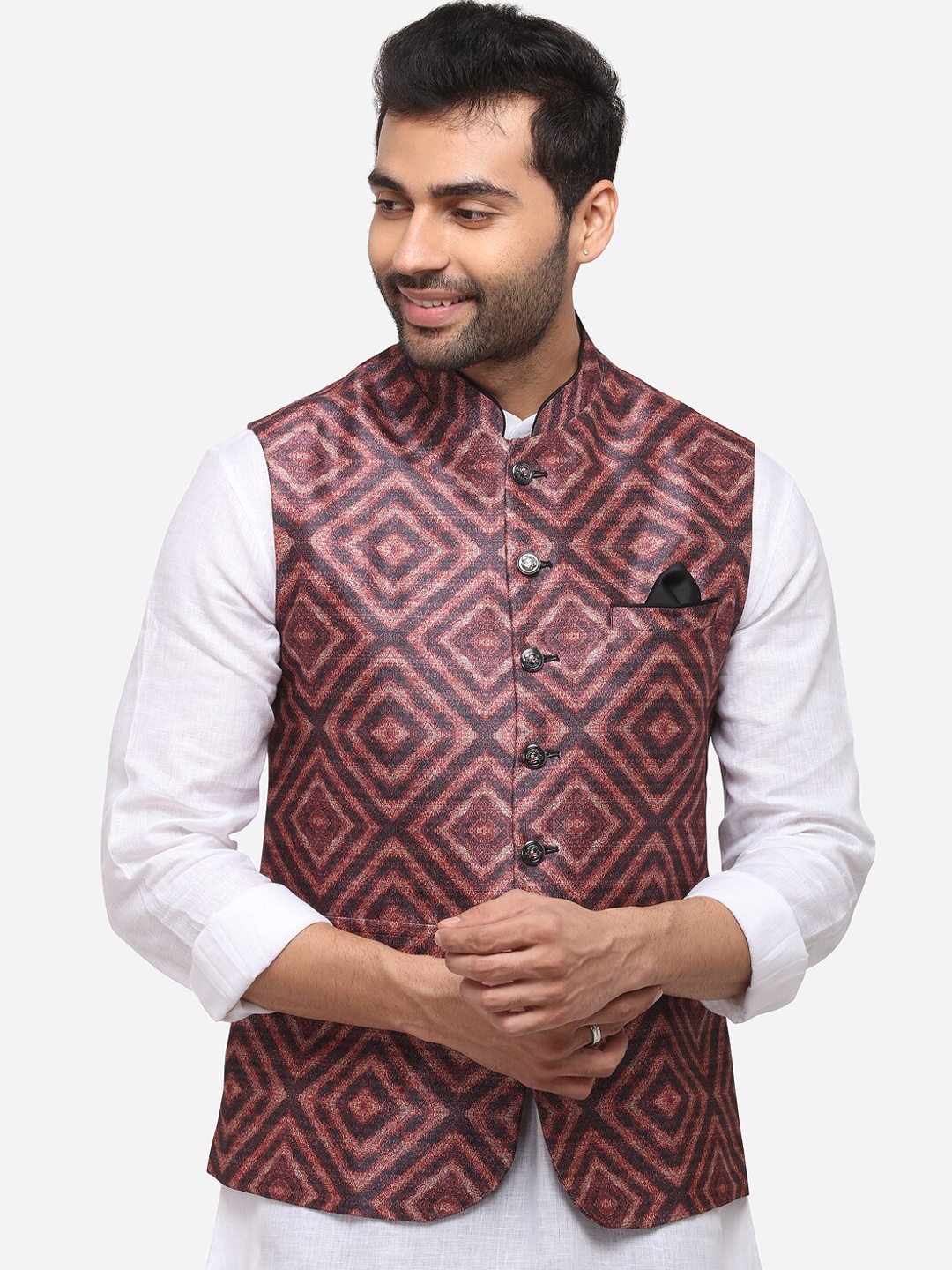 

Greenfibre Men Maroon & Black Printed Nehru Jacket