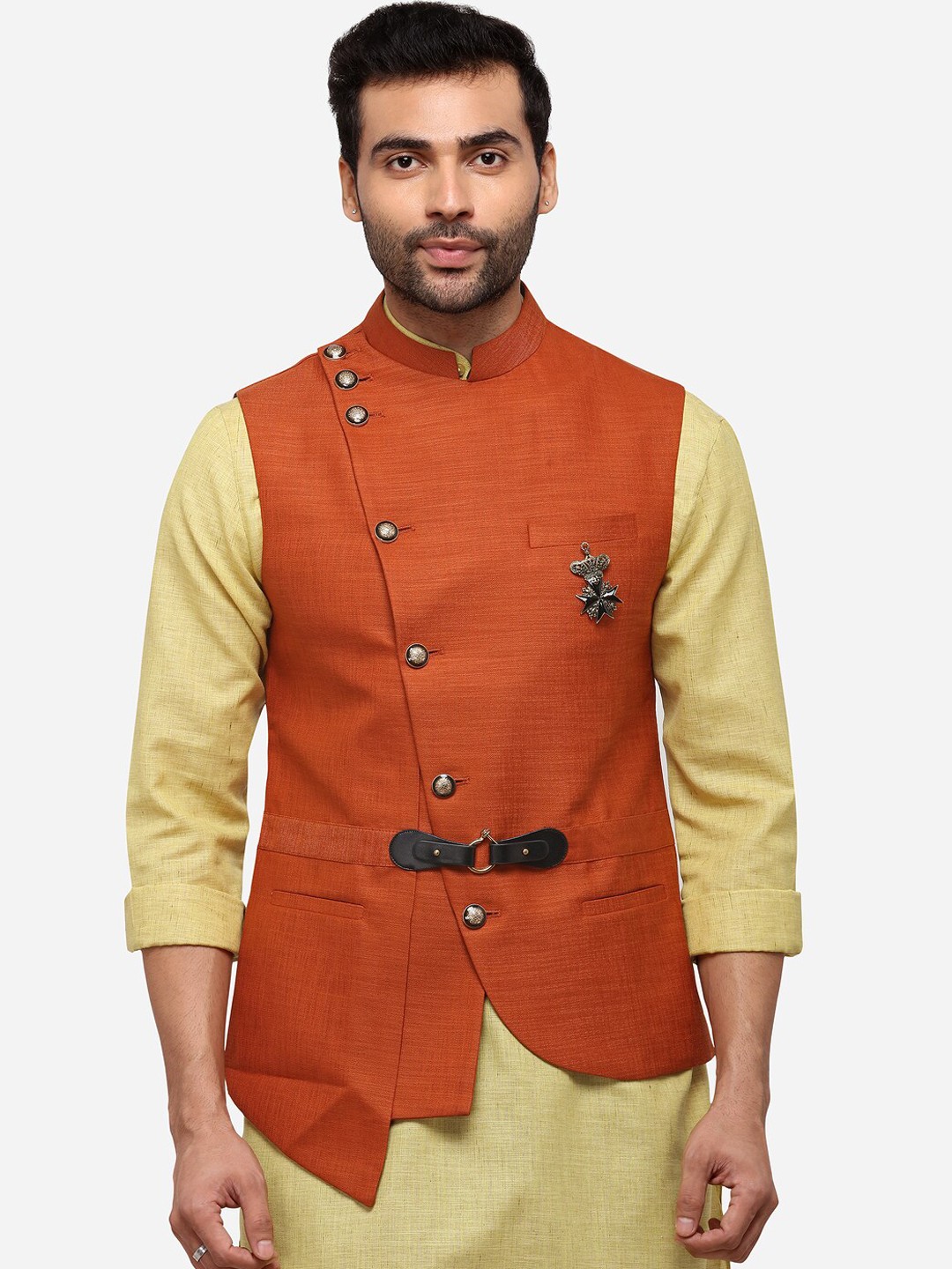 

JB STUDIO Men Rust Orange Woven Design Corduroy Nehru Jacket