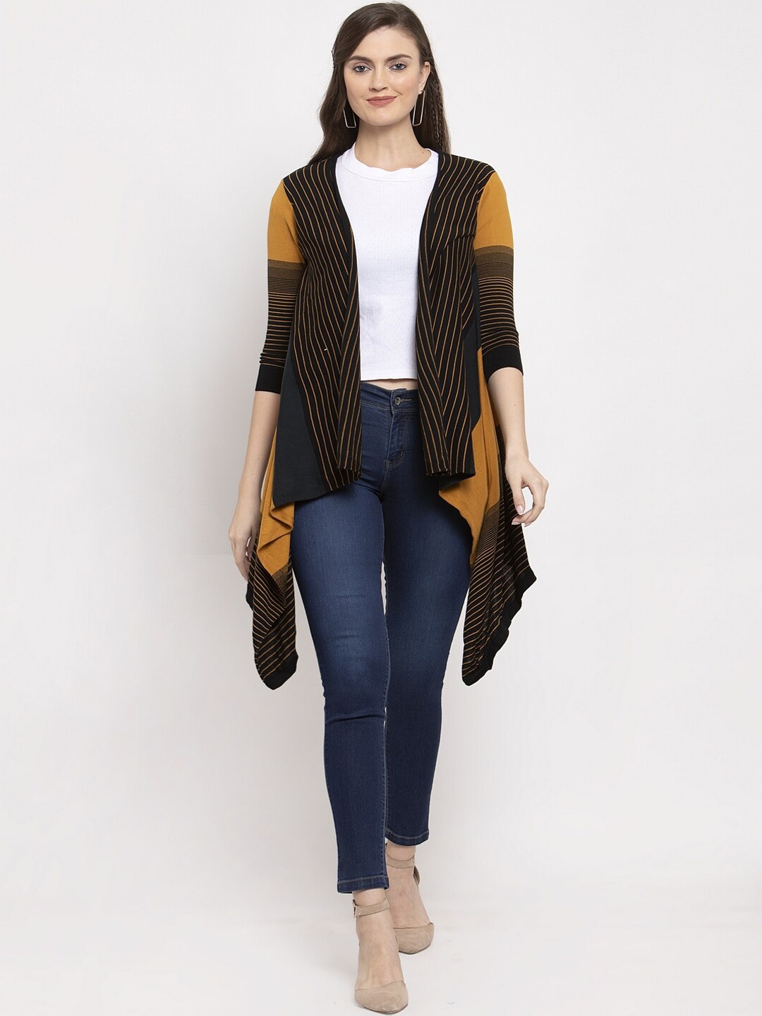 Kalt Women Mustard & Black Striped Open Front Fusion Shrug