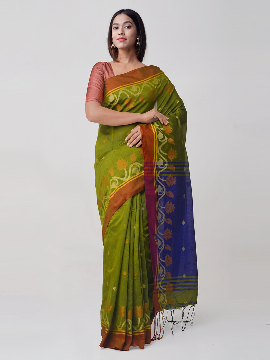 

Unnati Silks Green & Blue Pure Linen Woven Design Handloom Saree