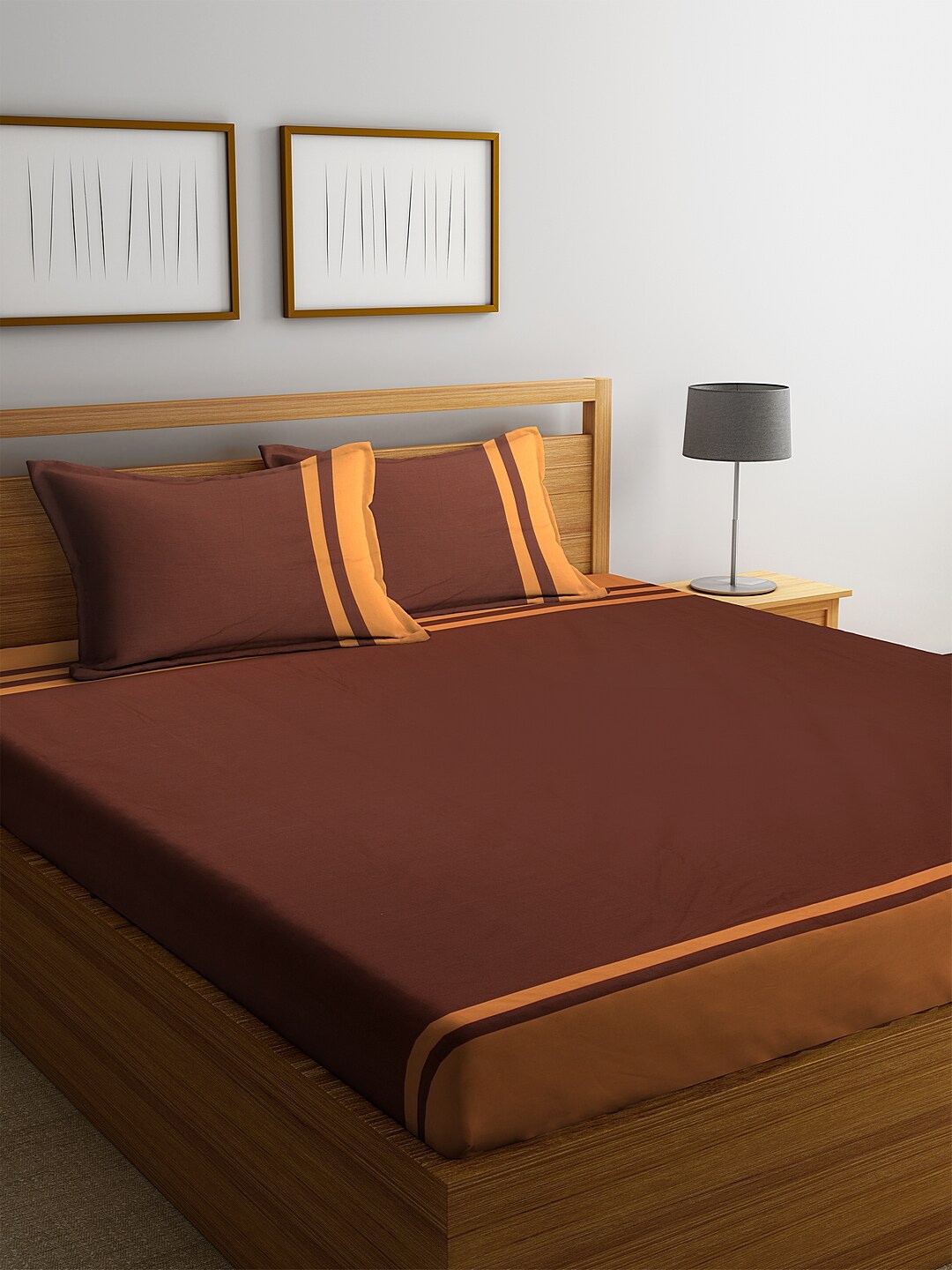 eyda Brown & Orange Geometric 260 TC Cotton 1 King Bedsheet with 2 Pillow Covers