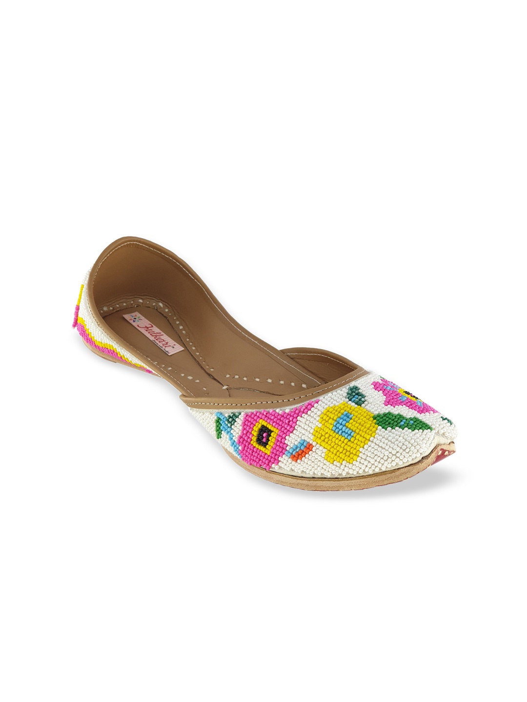 

Fulkari Women White Embellished Leather Mojaris