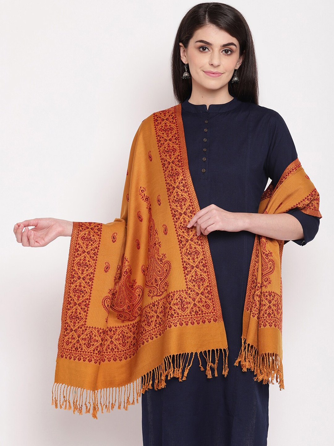 

HK colours of fashion Women Mustard Yellow & Red Woven Design Acrylic Stole