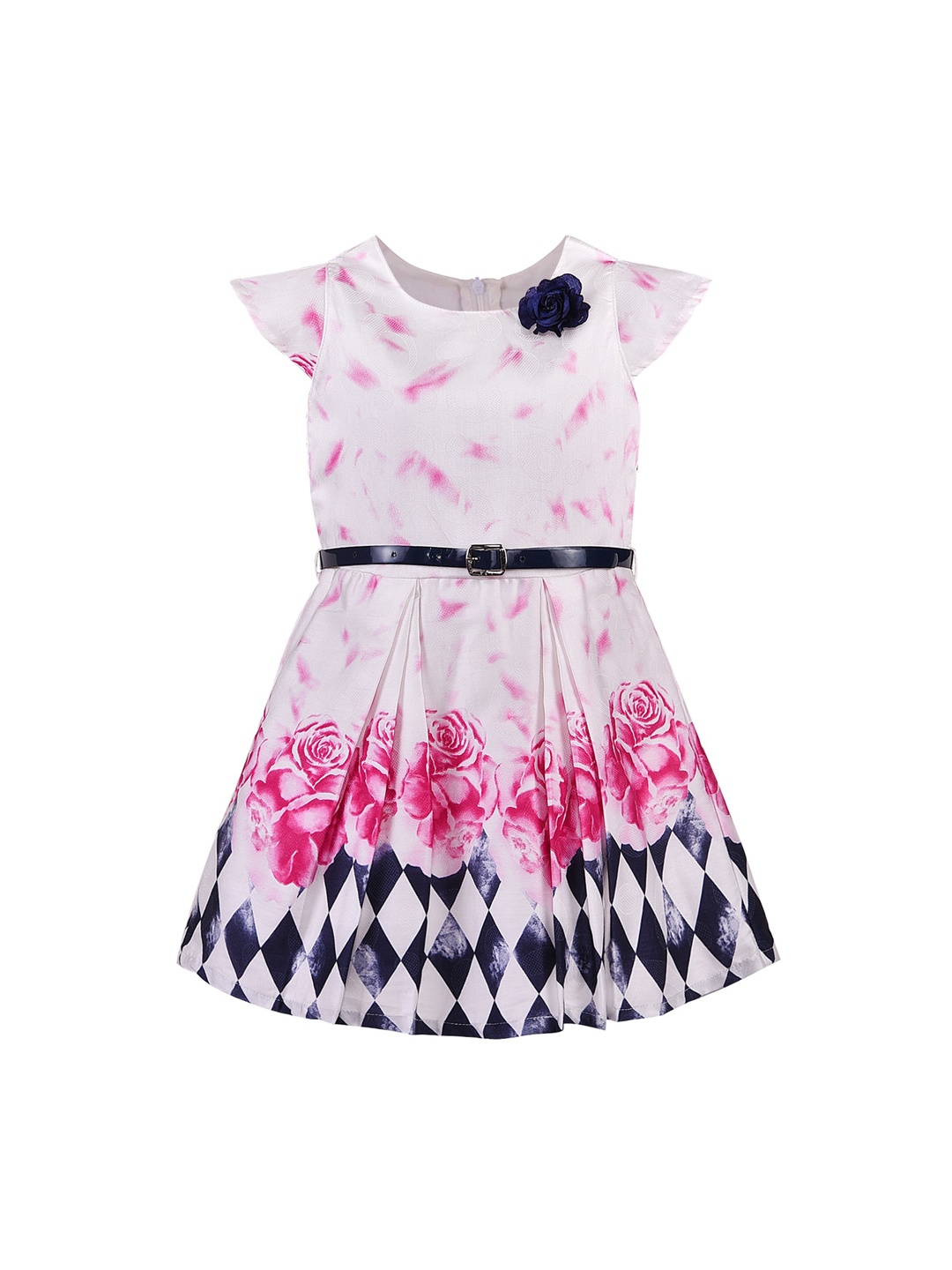 Wish Karo Girls White & Pink Printed Fit and Flare Dress