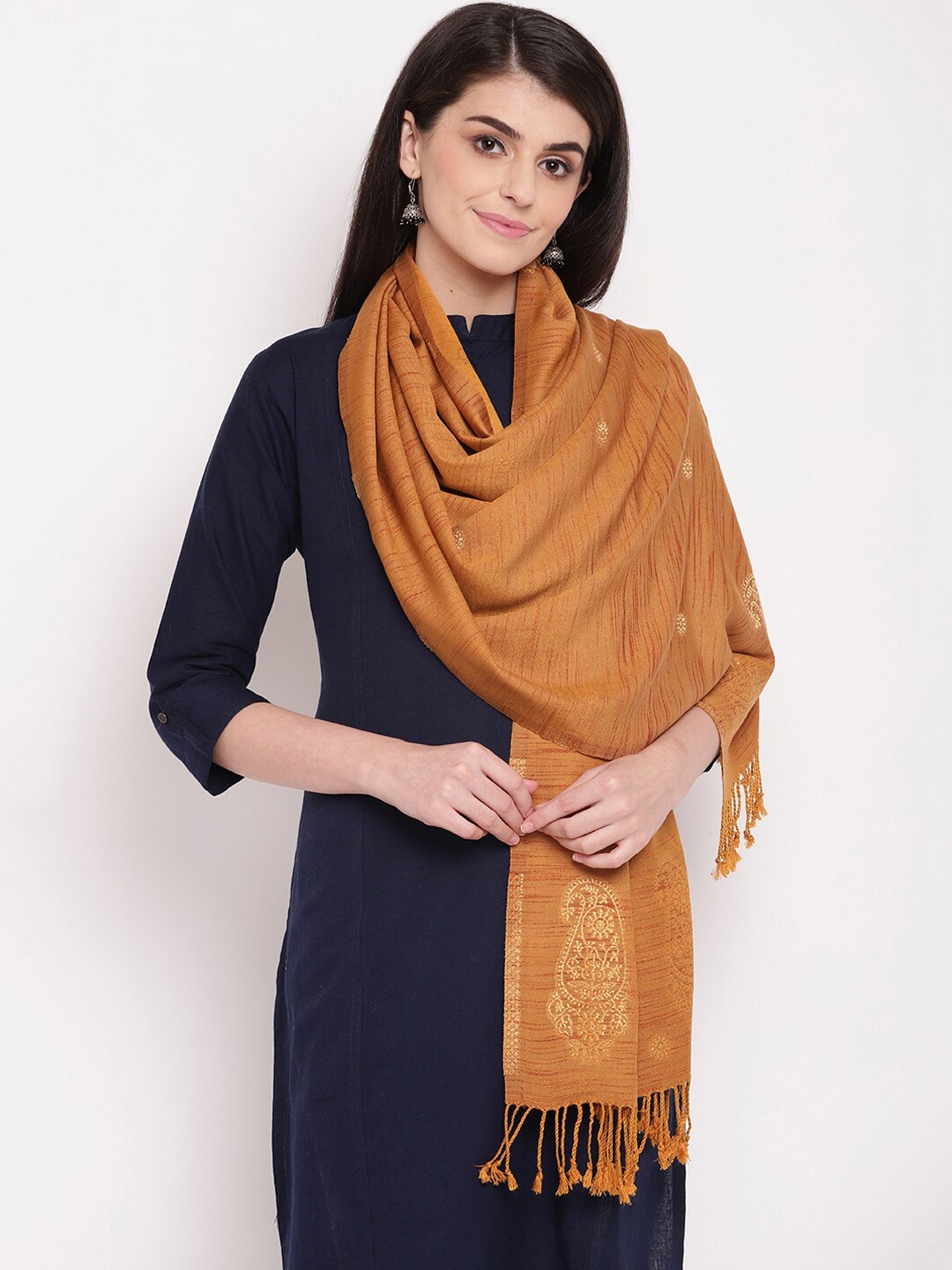 

HK colours of fashion Women Mustard Yellow Woven Design Stole with Tasselled Border