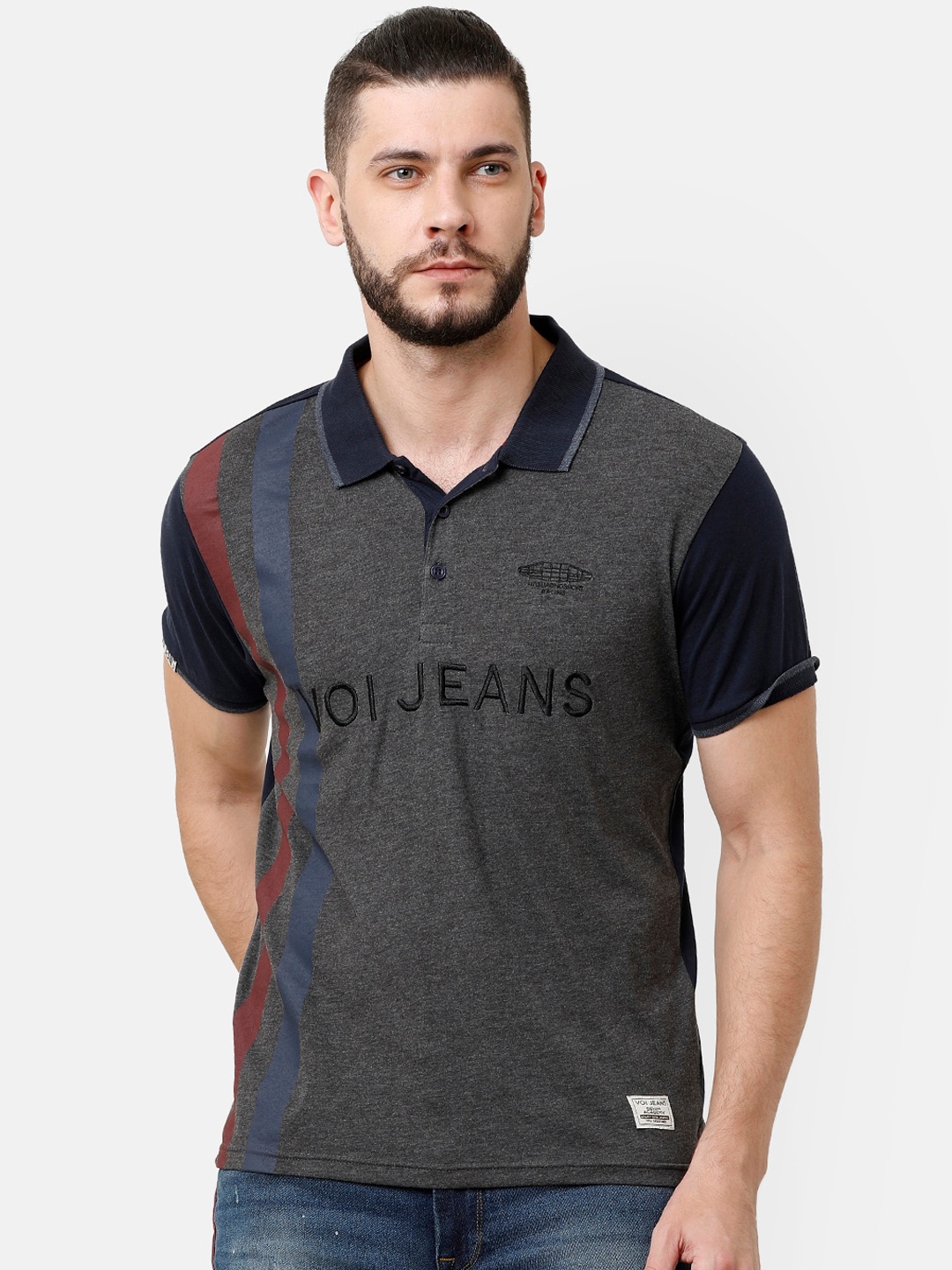 

Voi Jeans Men Charcoal Printed Polo Collar T-shirt