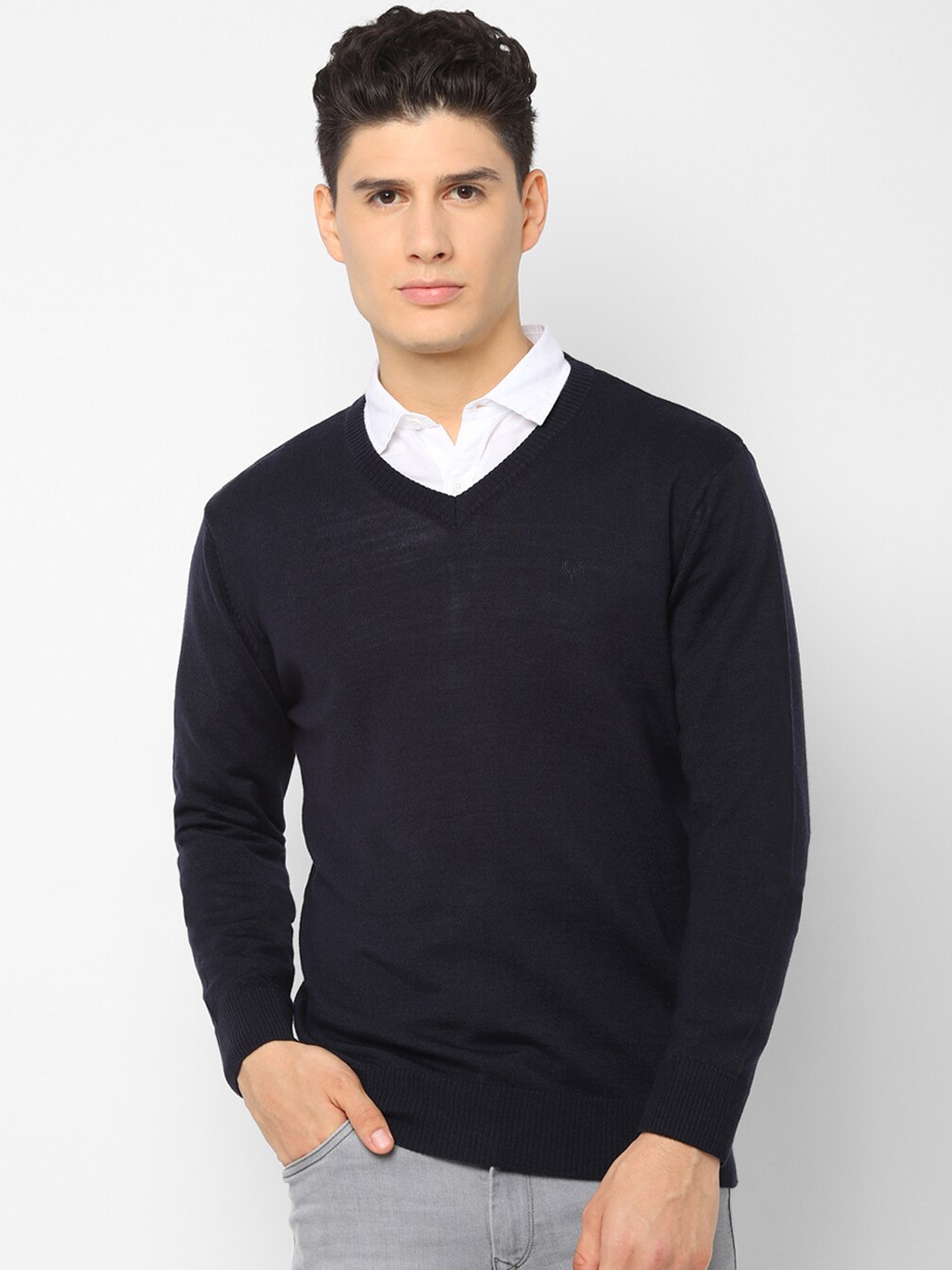 

Allen Solly Men Navy Blue Solid Pullover Sweater