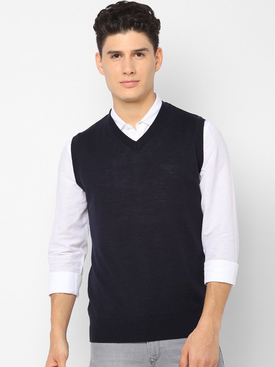 

Allen Solly Men Navy Blue Solid Pullover Sweater