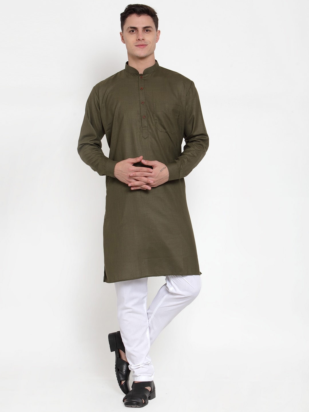 

MAXENCE Men Olive Green & White Solid Kurta with Pyjamas