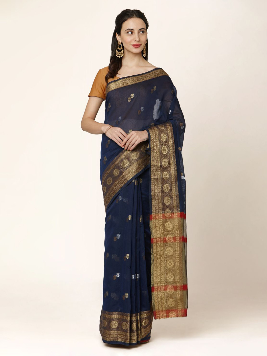 

Mitera Navy Blue & Red Silk Blend Woven Design Saree