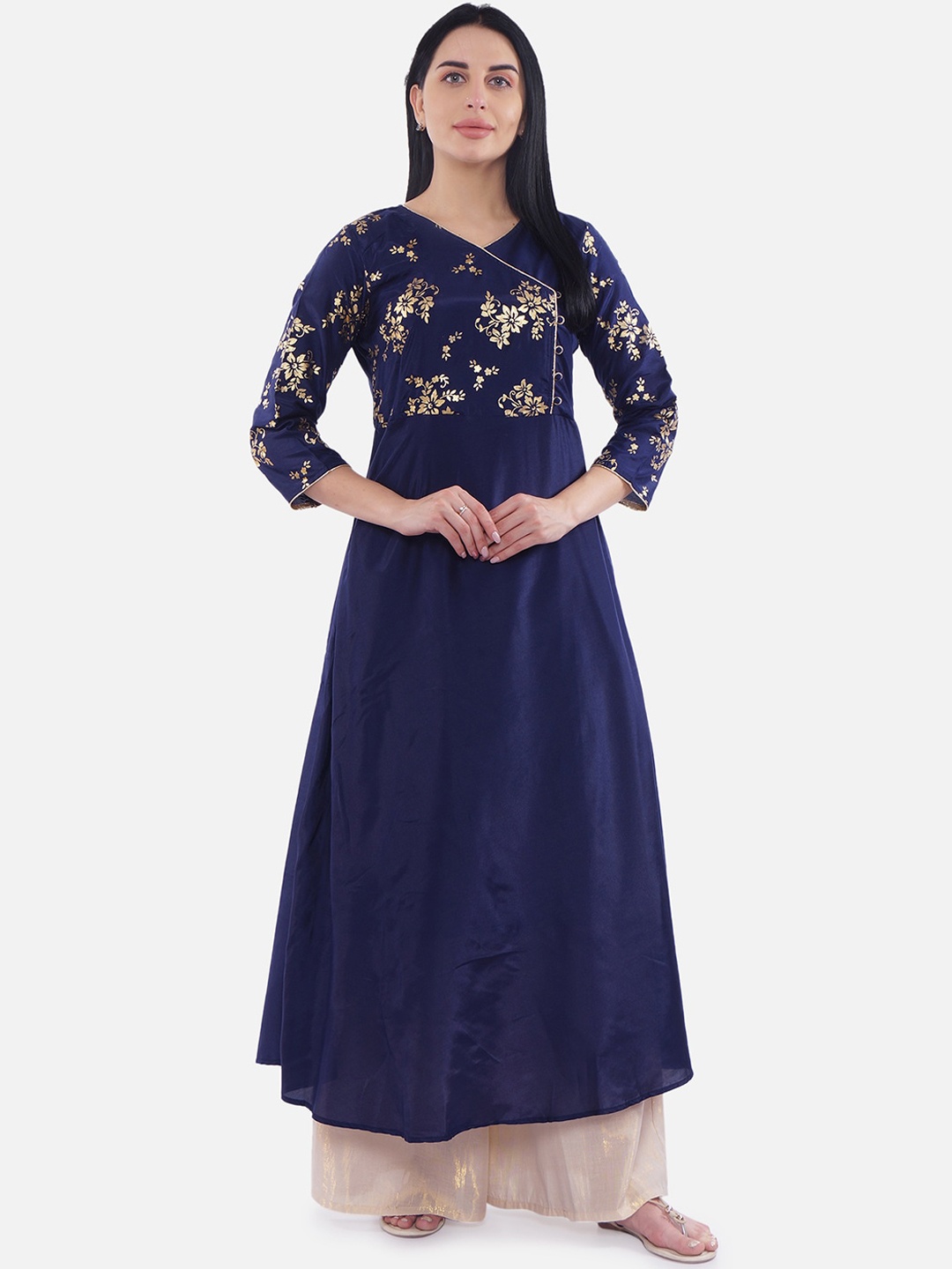 Be Indi Women Navy Blue & Gold Floral Print A-Line Angrakha Kurta