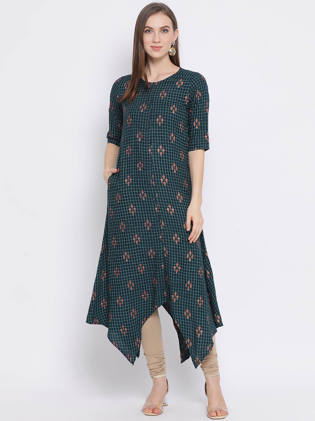 

Span Women Green Checked A-Line Kurta