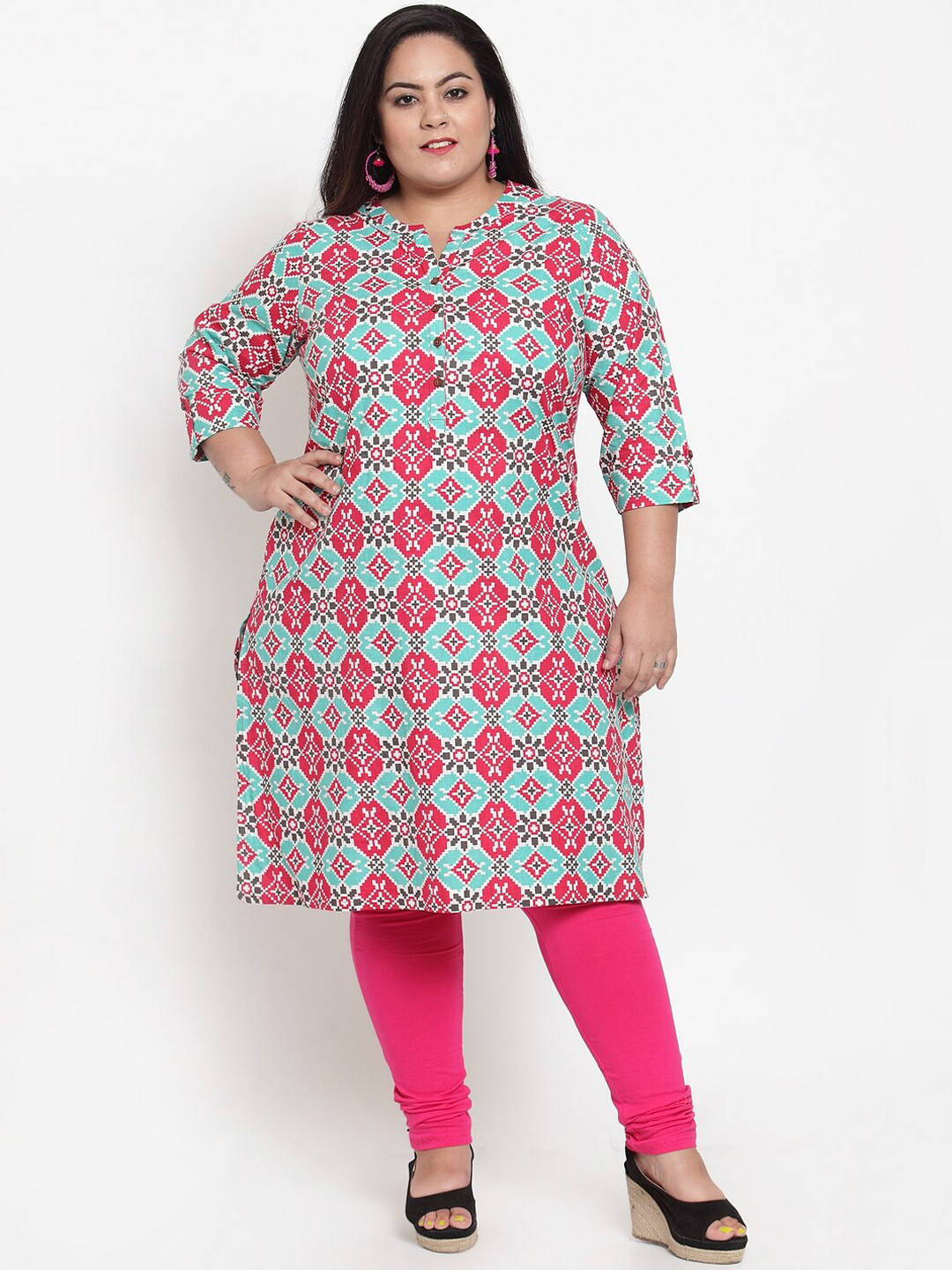 

plusS Women Pink & Turquoise Blue Printed Straight Kurta