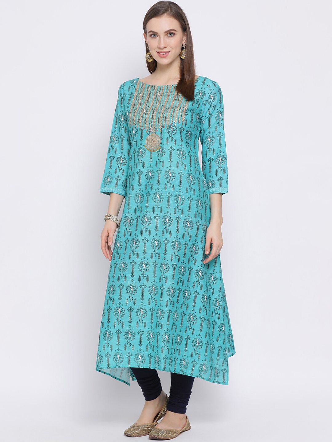 

Span Women Turquoise Blue & Black Printed A-Line Kurta