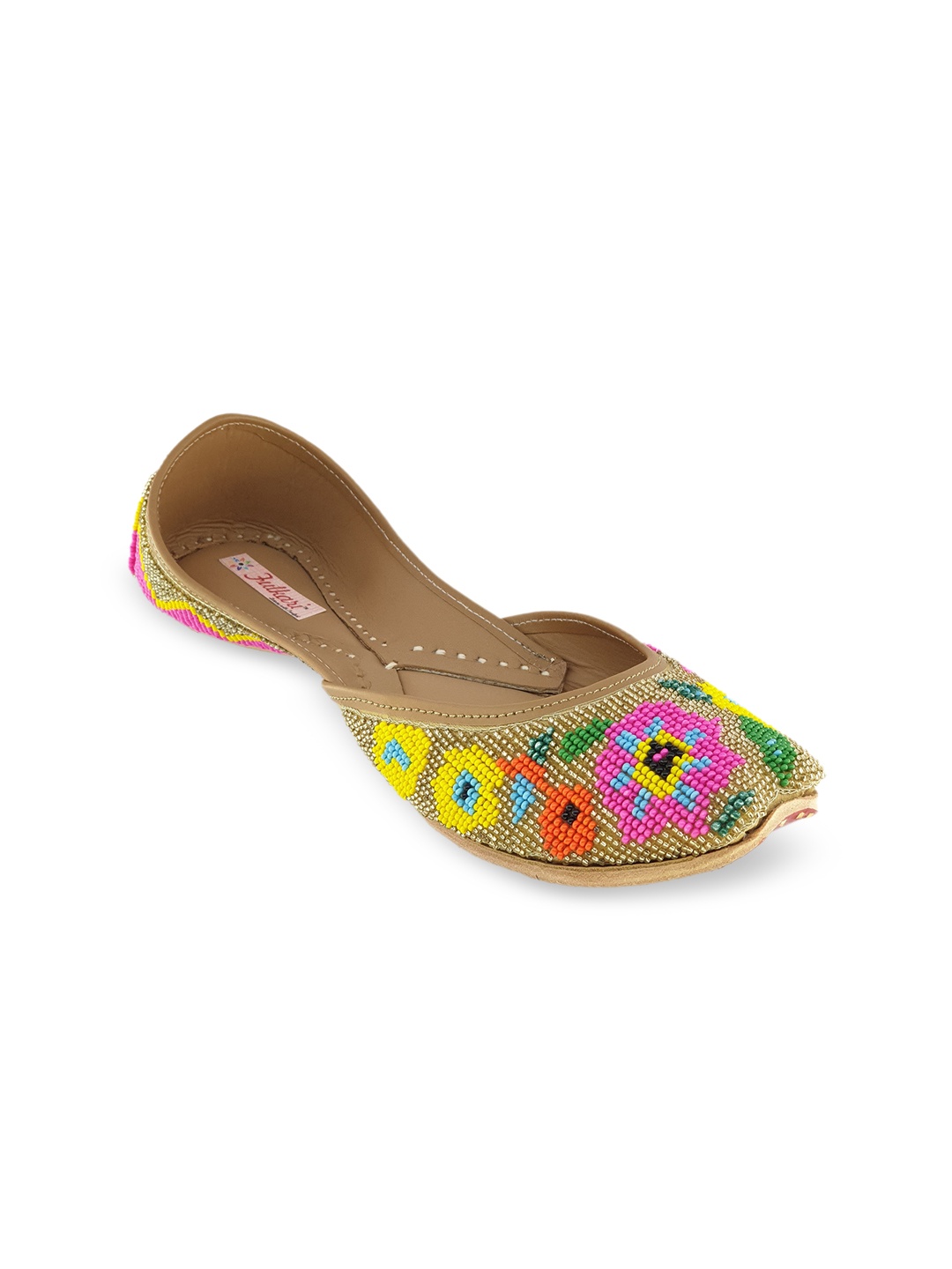 

Fulkari Women Gold-Toned & Pink Embellished Leather Mojaris