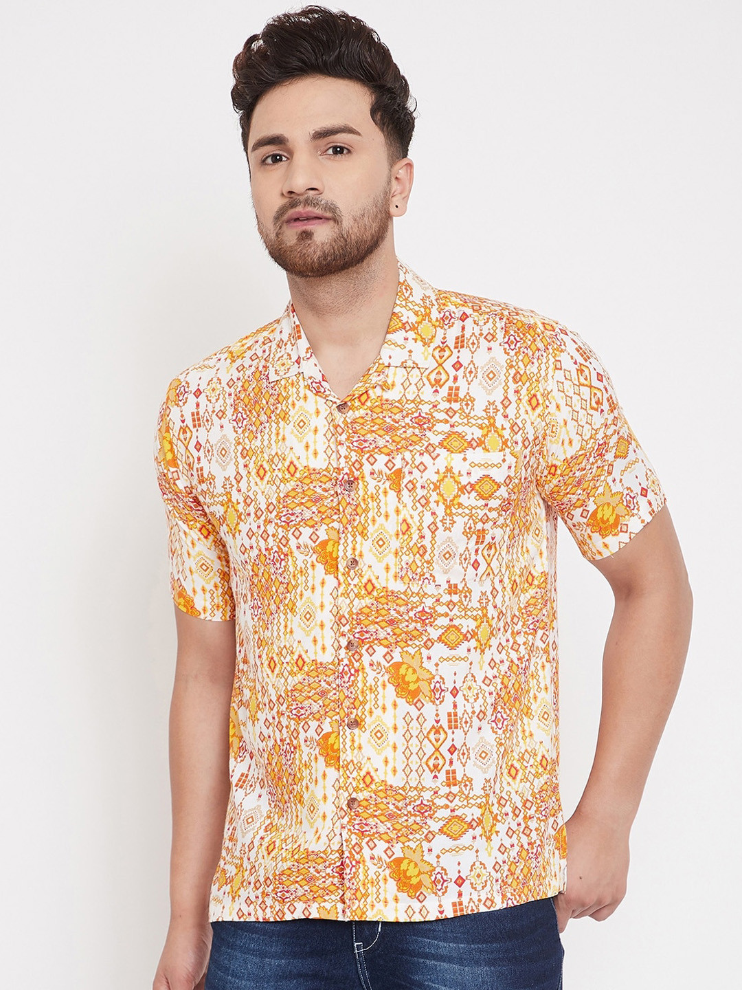 

even Men Yellow Slim Fit Printed Casual Shirt
