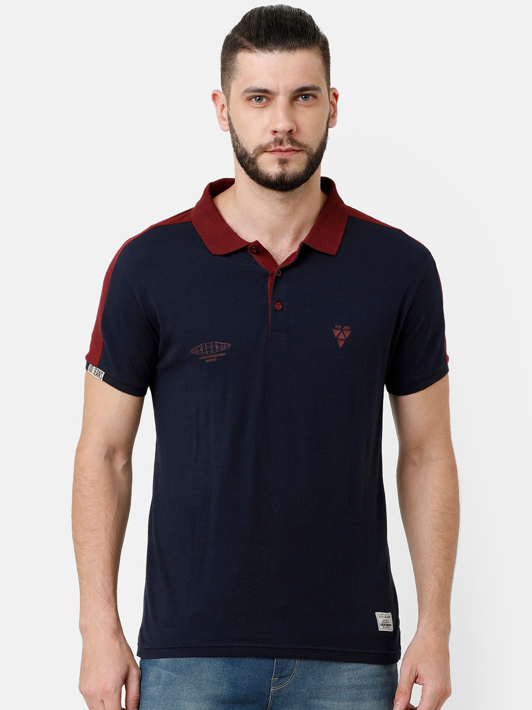 

Voi Jeans Men Navy Blue Solid Polo Collar T-shirt with Side Stripes