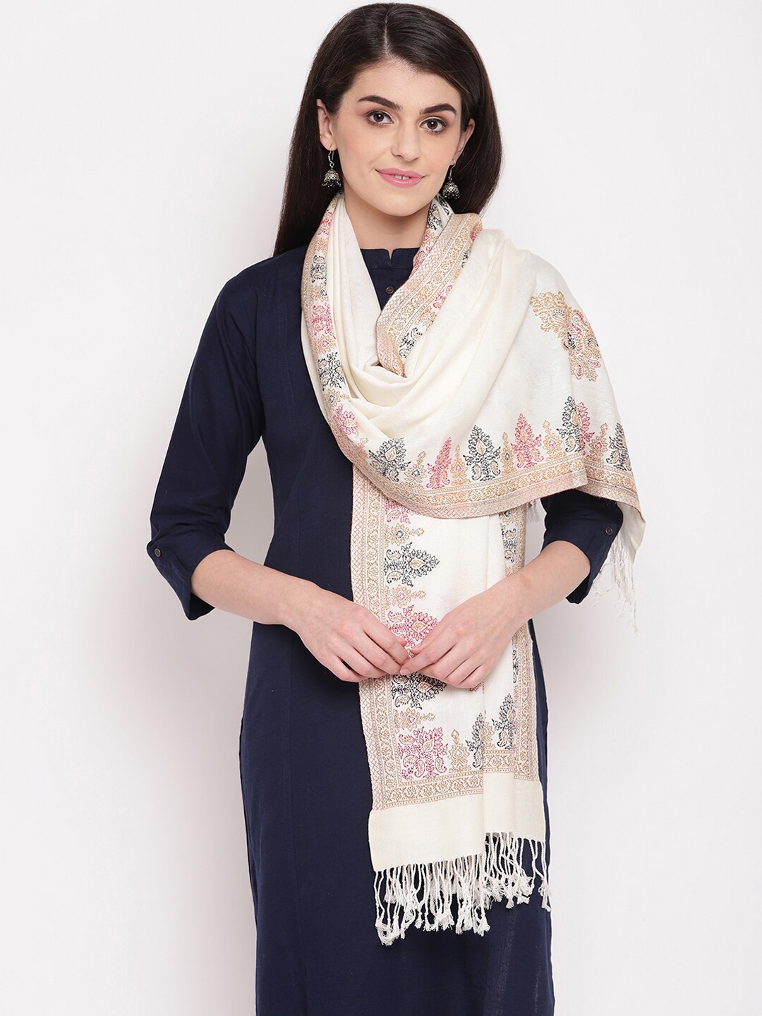 

HK colours of fashion Women Off-White Woven Design Stole with Tasselled Border