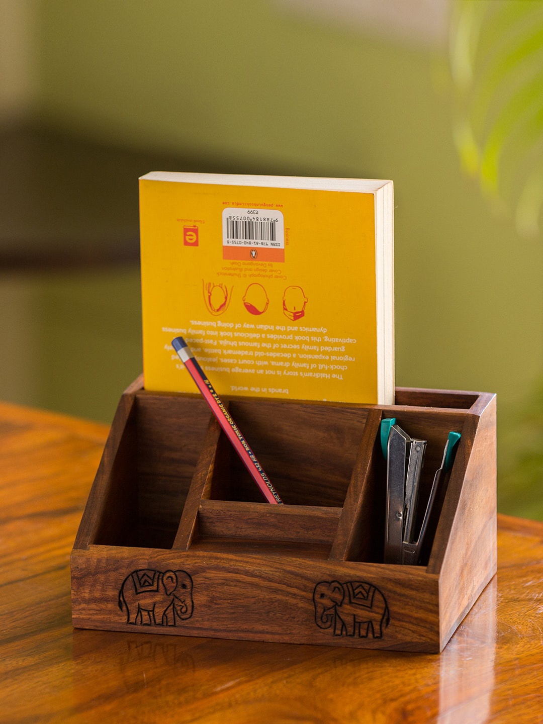 

ExclusiveLane The Elephant Warriors Hand Carved Stationery Organisers Cum Cutlery Holder, Brown