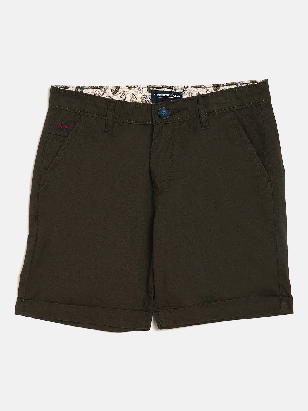 

Crimsoune Club Boys Olive Brown Solid Slim Fit Regular Shorts