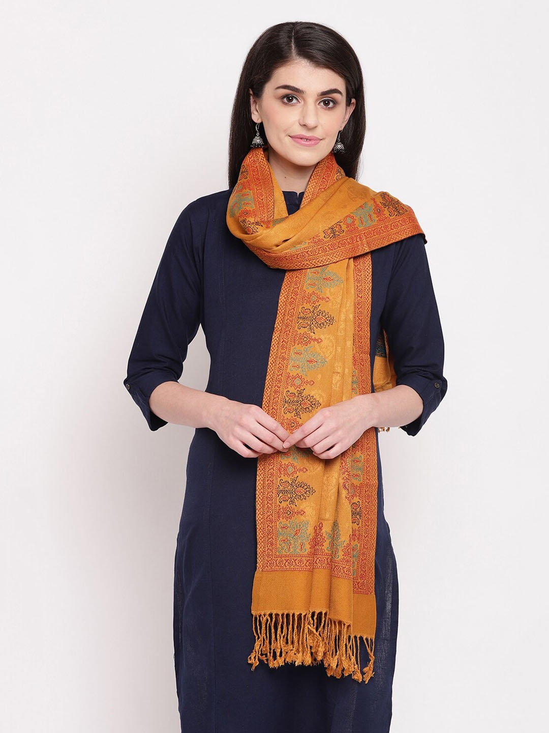 

HK colours of fashion Women Mustard Yellow Woven Design Stole with Tasselled Border