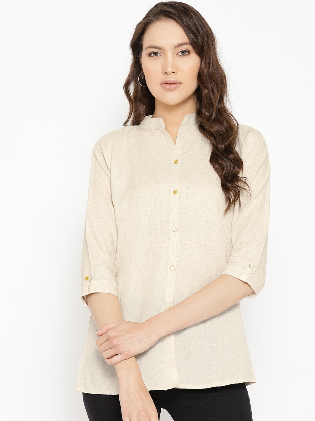 Vastraa Fusion Women Off-White Solid Pure Cotton Shirt Style Top