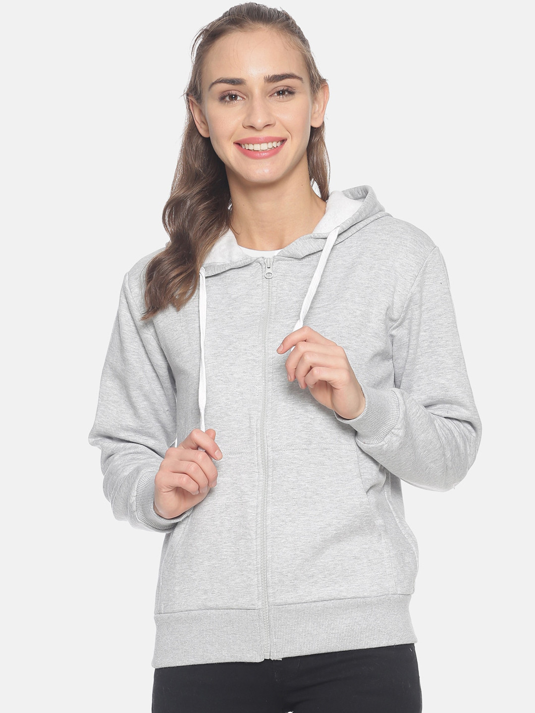 

Campus Sutra Women Grey Solid Hooded Sweatshirt