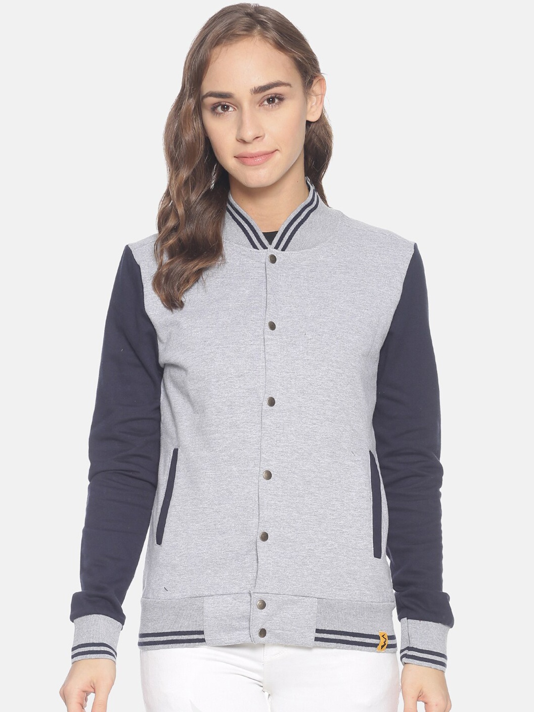 

Campus Sutra Women Grey Colourblocked Windcheater Bomber