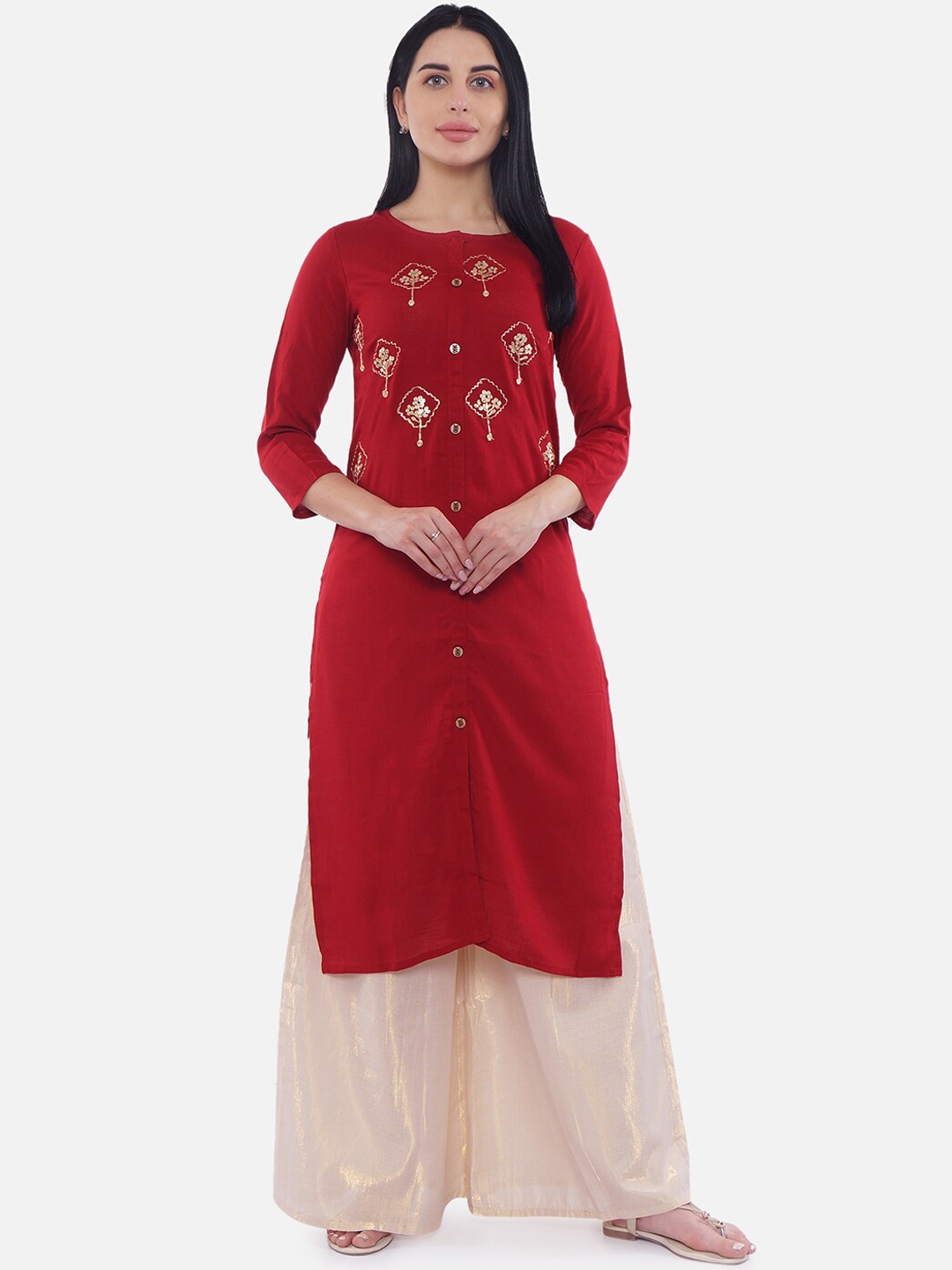 

Be Indi Women Red Solid Straight Kurta With Pitta Work