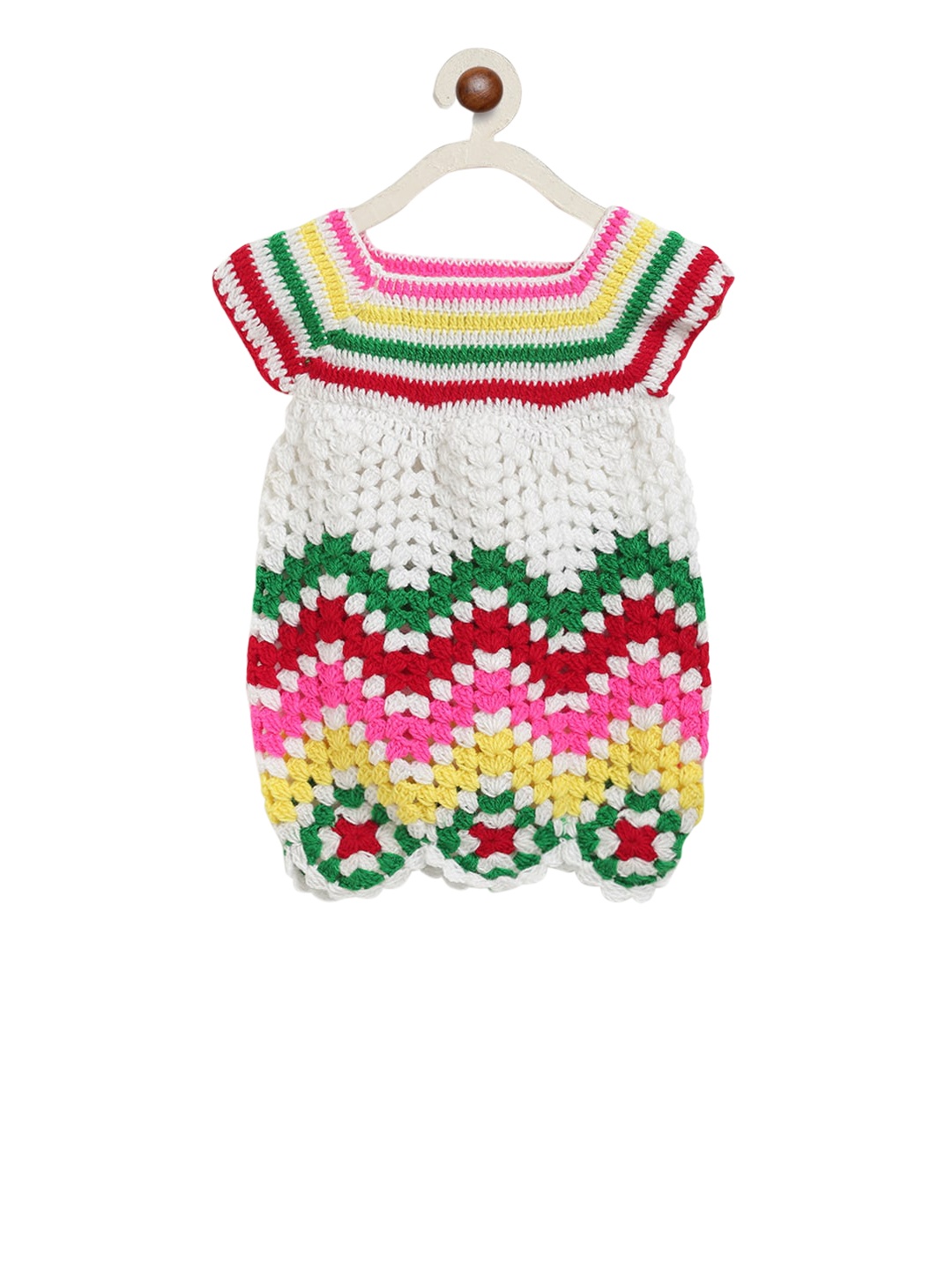 

CHUTPUT Girls White & PInk Hand-Knitted Crochet Woolen Sweater Dress
