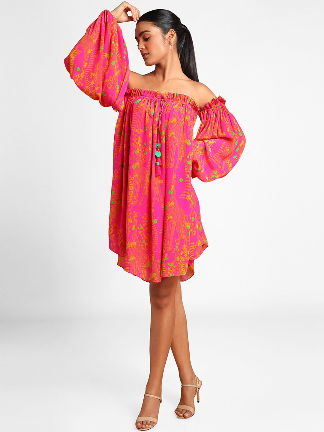 

Masaba Women Pink & Yellow Printed A-Line Off Shoulder Dress
