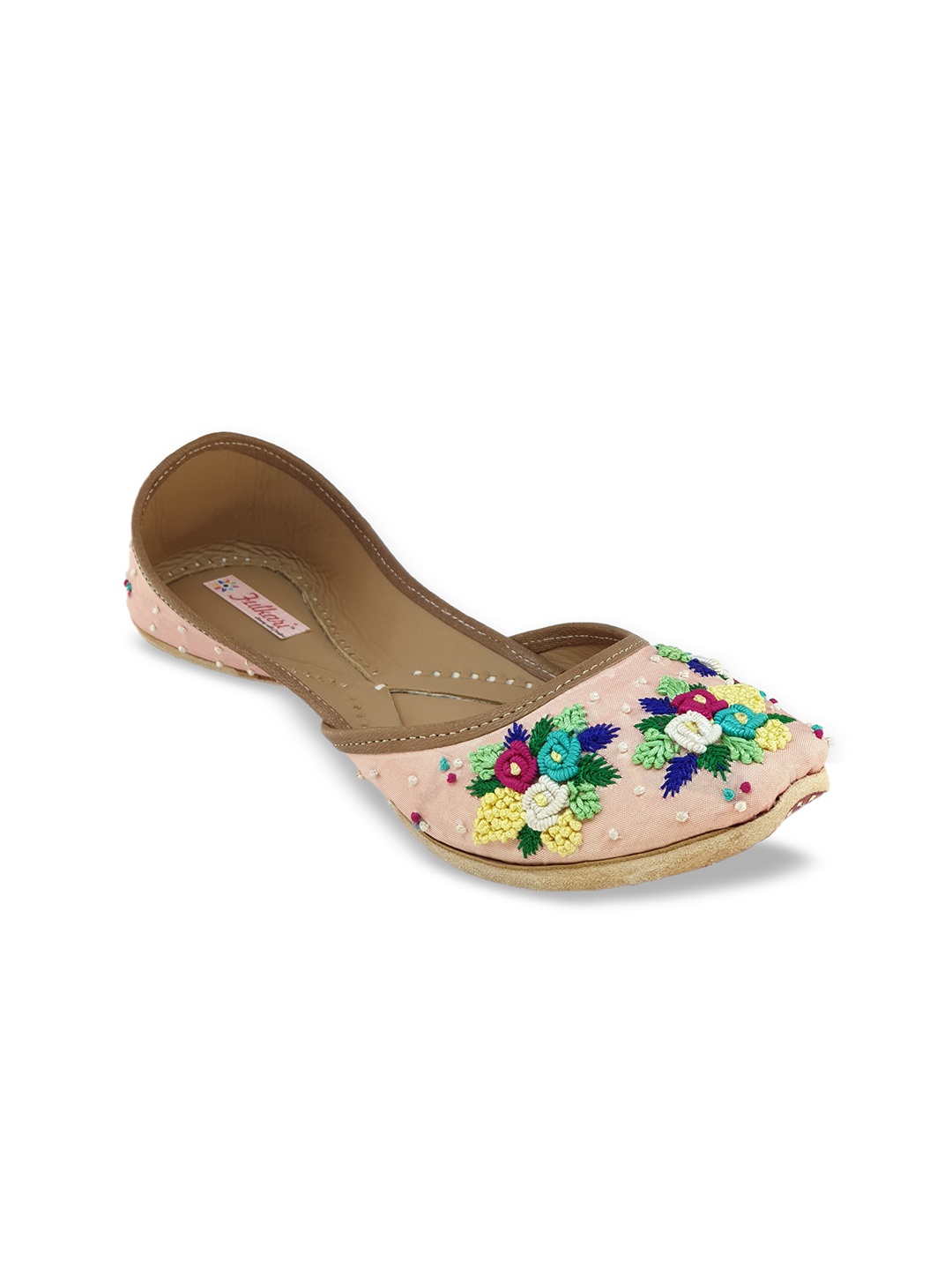 

Fulkari Women Peach-Coloured & Green Floral Embellished Leather Mojaris