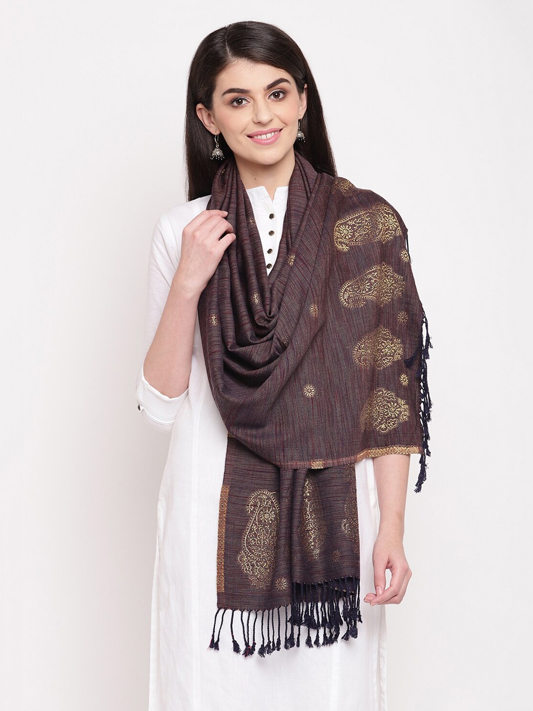 

HK colours of fashion Women Brown Woven Design Stole with Tasselled Border
