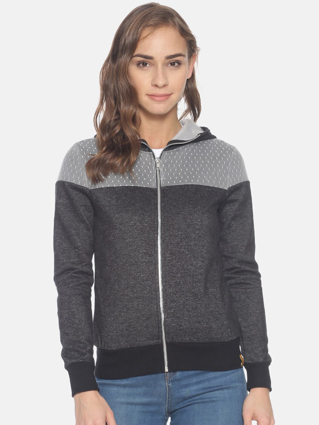 

Campus Sutra Women Charcoal Grey & Grey Colourblocked Hooded Sweatshirt