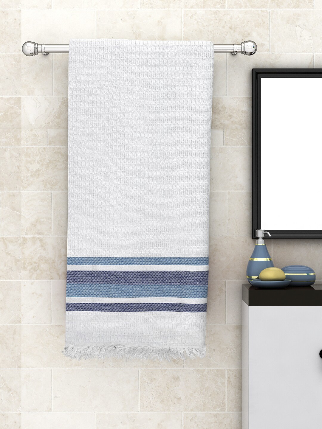 

Athom Trendz Unisex White & Blue Striped 210 GSM Bath Towel