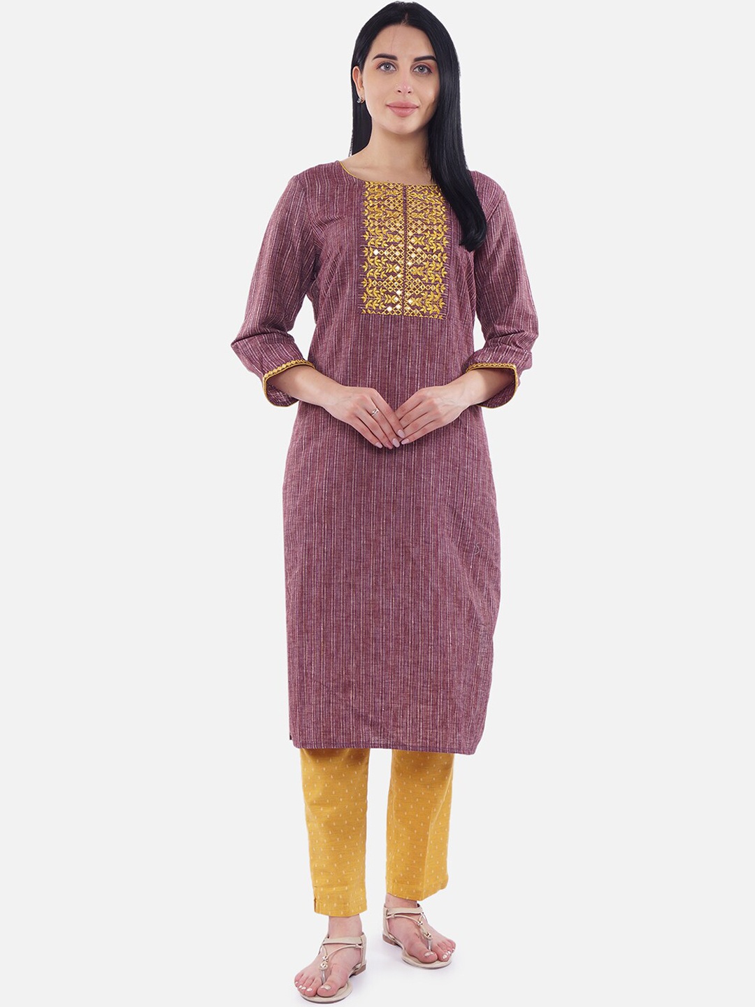 Be Indi Women Purple & Yellow Floral Embroidered Straight Kurta