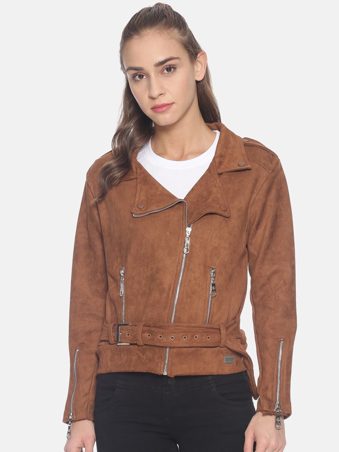 

Campus Sutra Women Brown Colourblocked Windcheater Biker Jacket